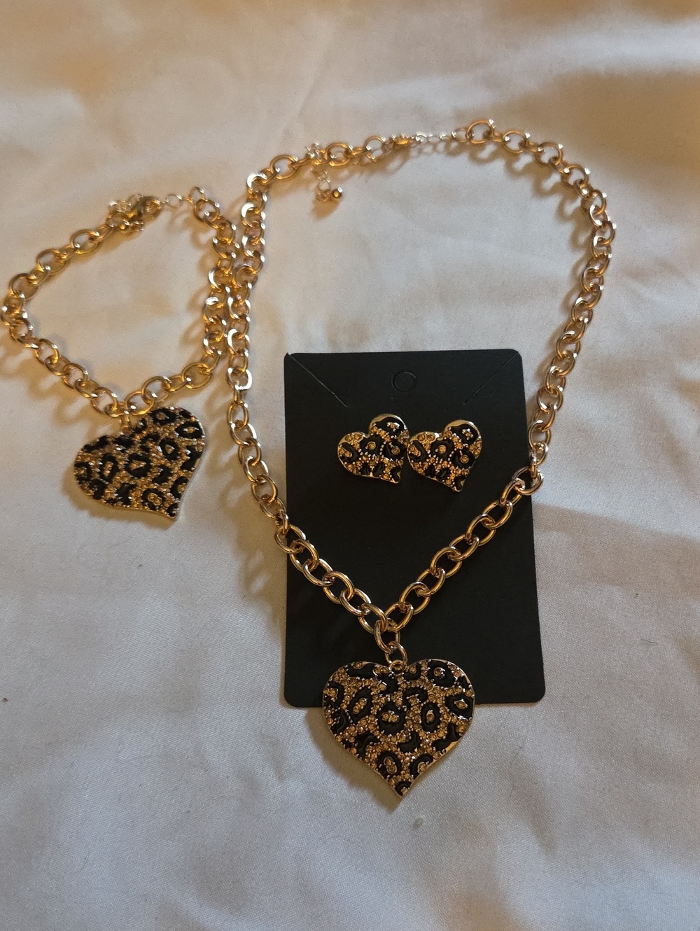 Gold-Tone Leopard Heart Necklace , Bracelet and Earring Set - Black & Gold
